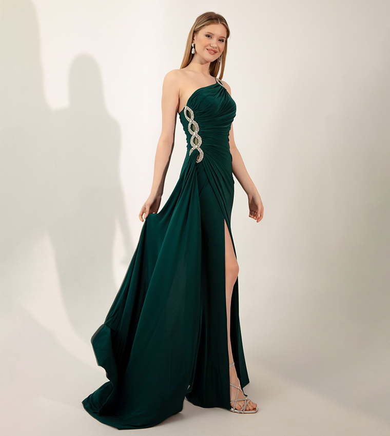 Buy Lafaba Embellished One Shoulder Evening Gown In Green | 6thstreet Oman