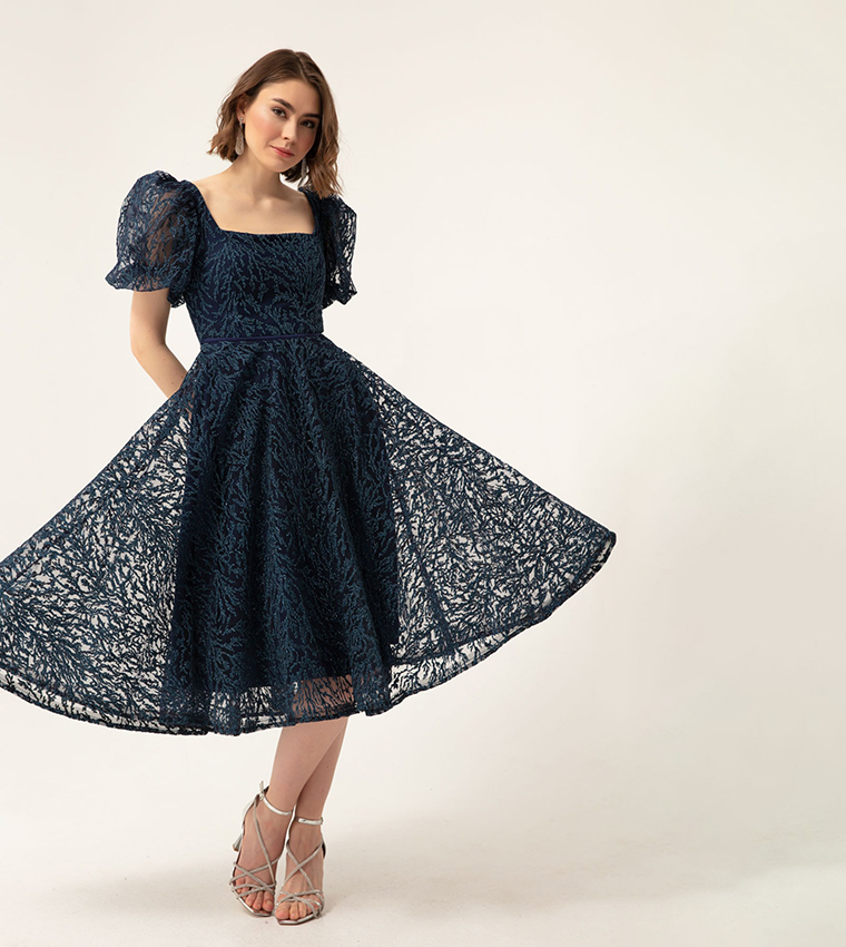 Buy Lafaba Glittered Balloon Sleeves Fit And Flare Dress In Navy |  6thstreet Oman