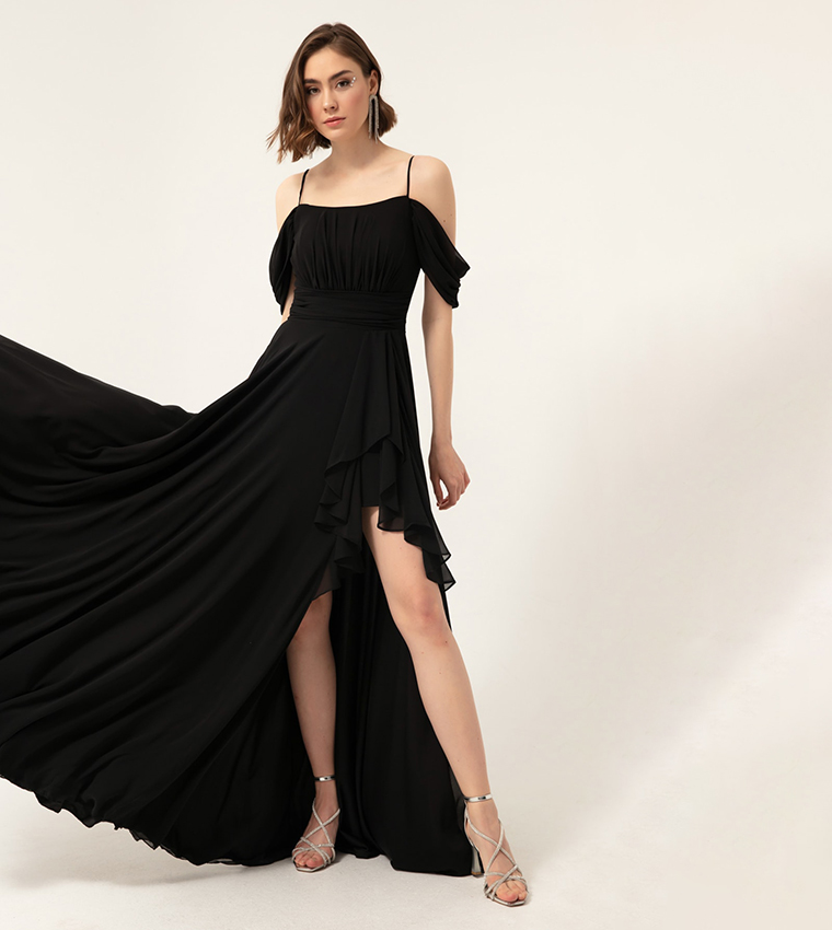 princess polly baby blue dress Elegant Black Evening Gown  Modest Silver Embellished Chiffon Dress