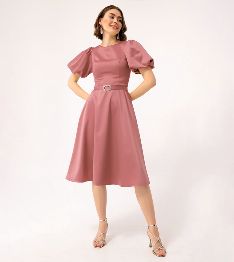 Buy Lafaba Belted Balloon Sleeves Fit And Flare Dress In Pink | 6thstreet  Qatar