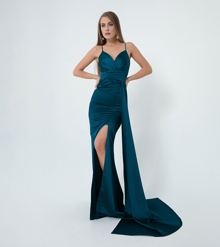 Buy Lafaba Strappy Satin Evening Gown In Teal 6thStreet UAE