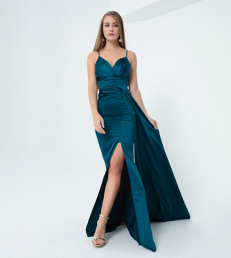 Buy Lafaba Strappy Satin Evening Gown In Teal 6thStreet UAE