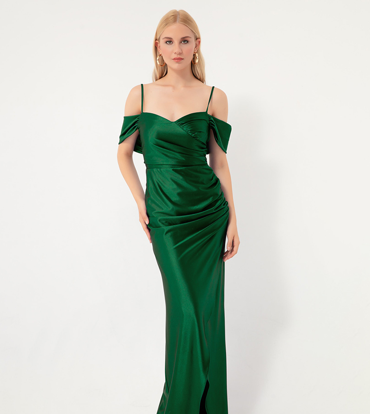 Buy Lafaba Shoulder Strap Draped Evening Gown In Green | 6thStreet ...