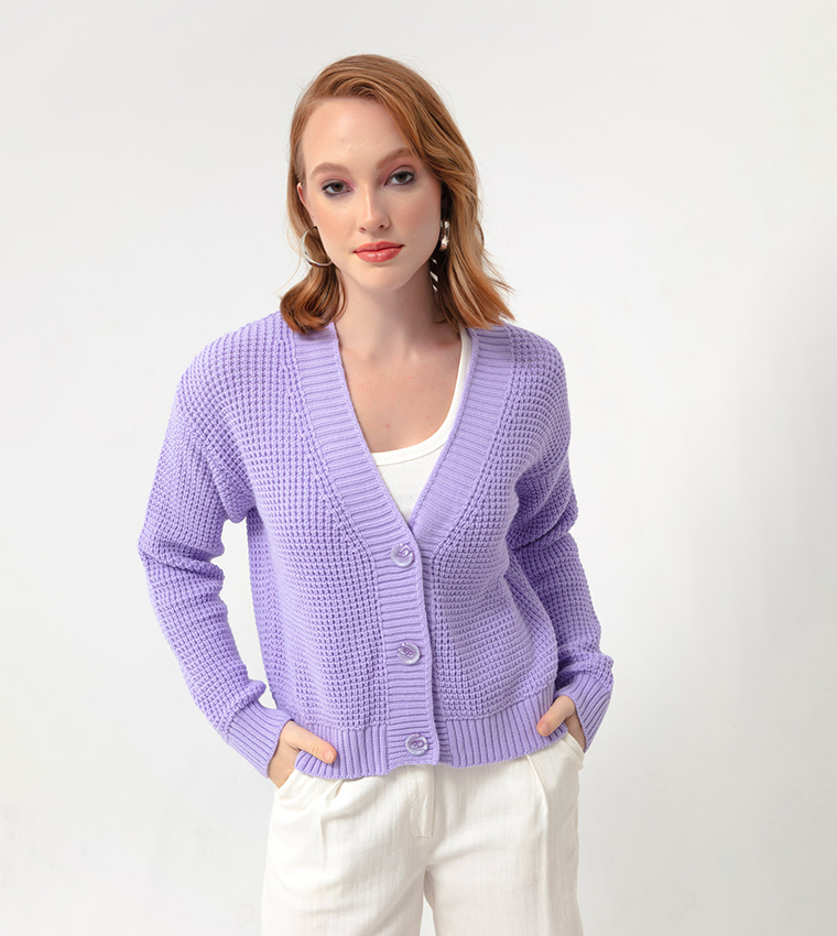 Buy Lafaba Knitted V Neck Cardigan In Purple 6thStreet Bahrain