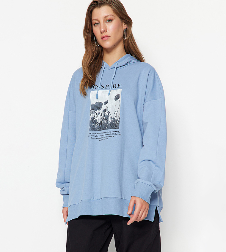 Buy Trendyol Printed Oversized Hoodie In Grey 6thStreet Bahrain