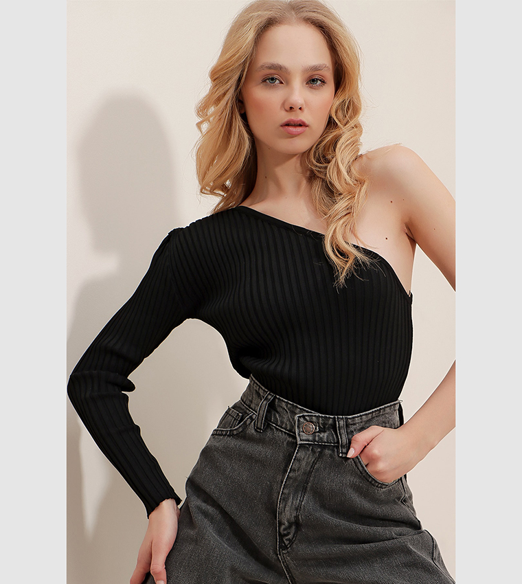 Buy Trend Ala at Stili Ribbed One Shoulder Top In Black