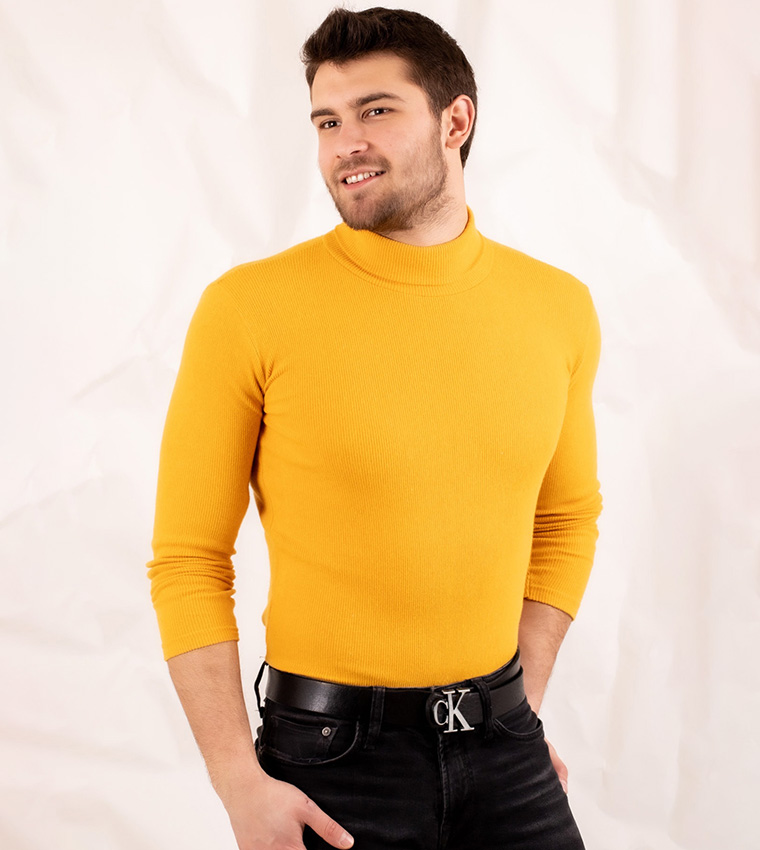 Yellow ribbed turtleneck sweater discount