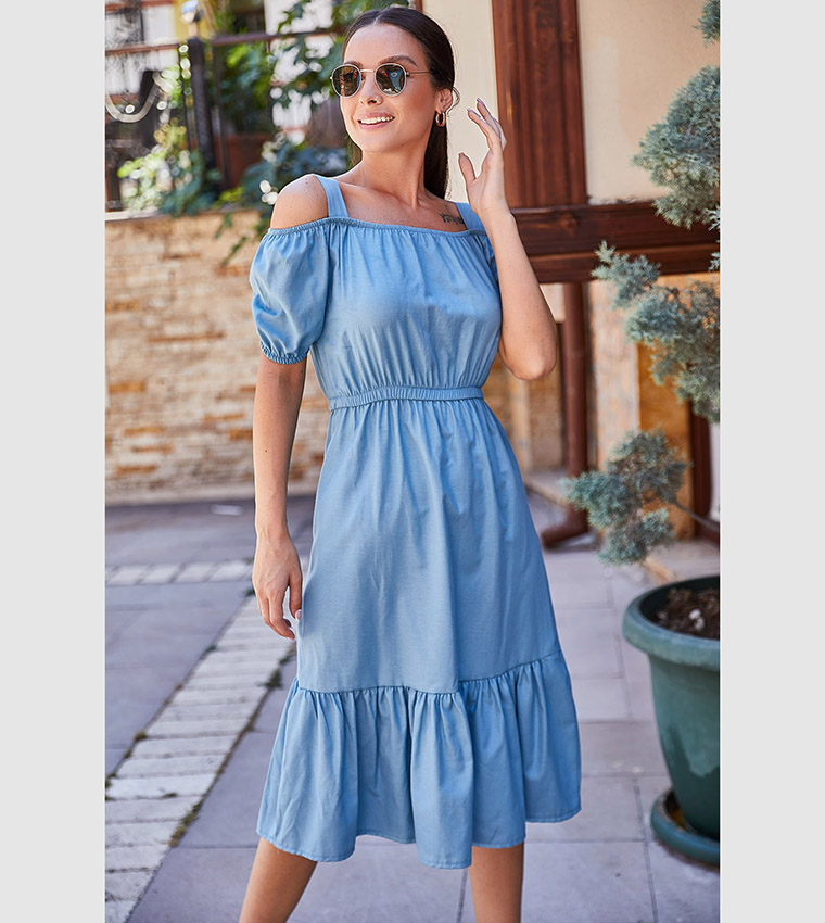 Buy Armonika Solid Cold Shoulder Ruffle Hem Dress In Light Blue 6thStreet Kuwait