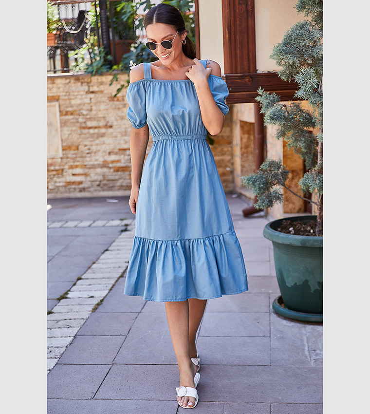 Buy Armonika Solid Cold Shoulder Ruffle Hem Dress In Light Blue 6thStreet Kuwait