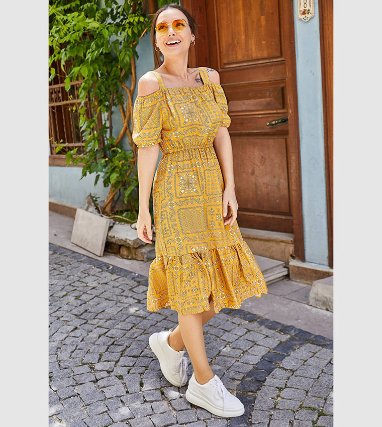 Buy Armonika Printed Cold Shoulder Ruffle Hem Dress In Yellow