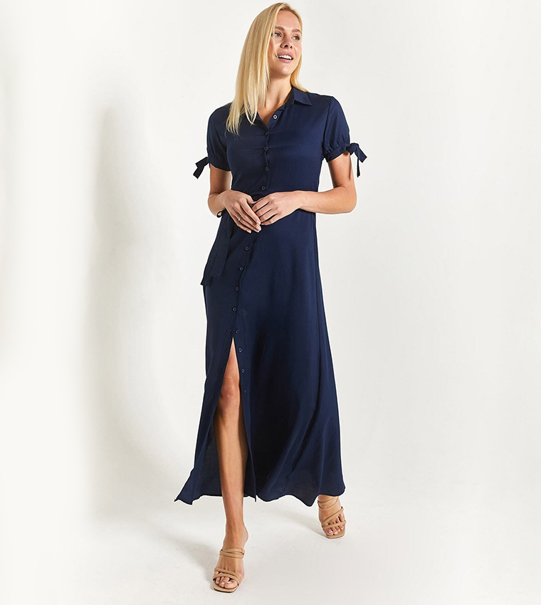 Short Sleeves Belted Shirt Maxi Dress NAVY BLUE 6