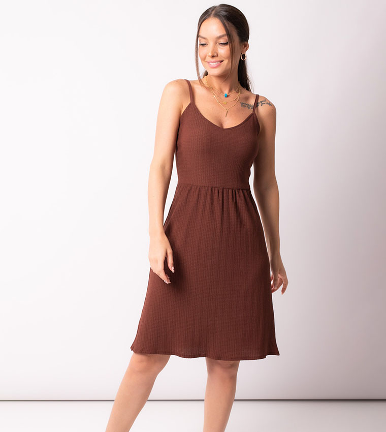 Buy Armonika Solid Strappy Mini Dress In Brown | 6thstreet Oman