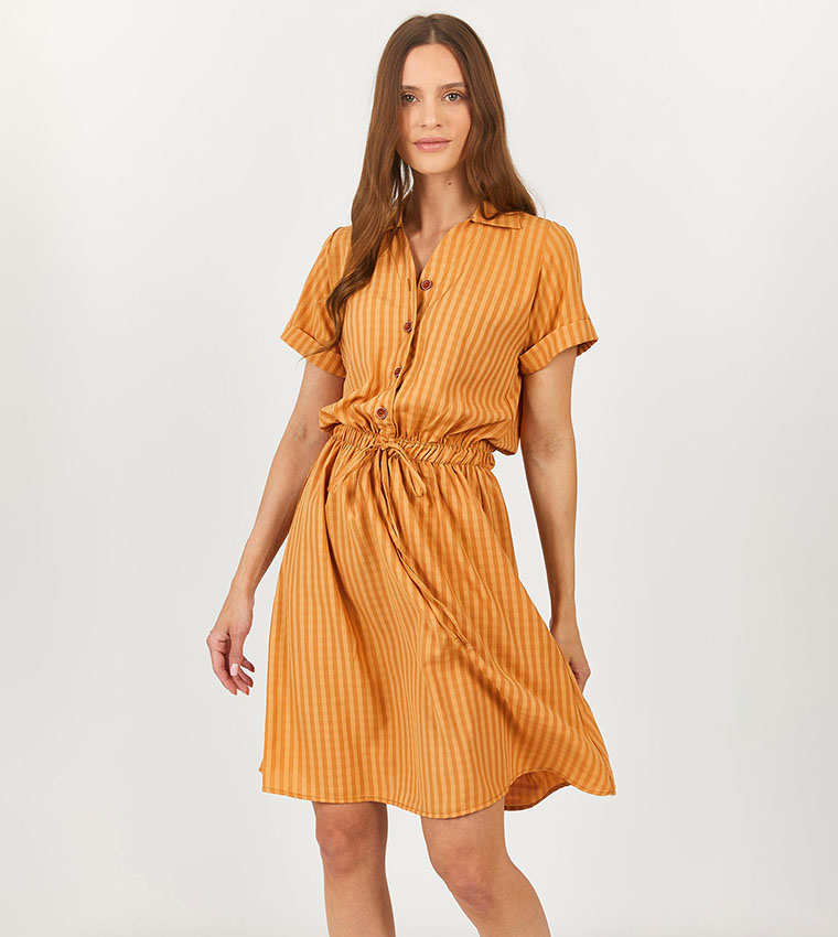 Buy Armonika Printed Elastic Waist Short Sleeve Shirt Dress In Brown 6thStreet UAE