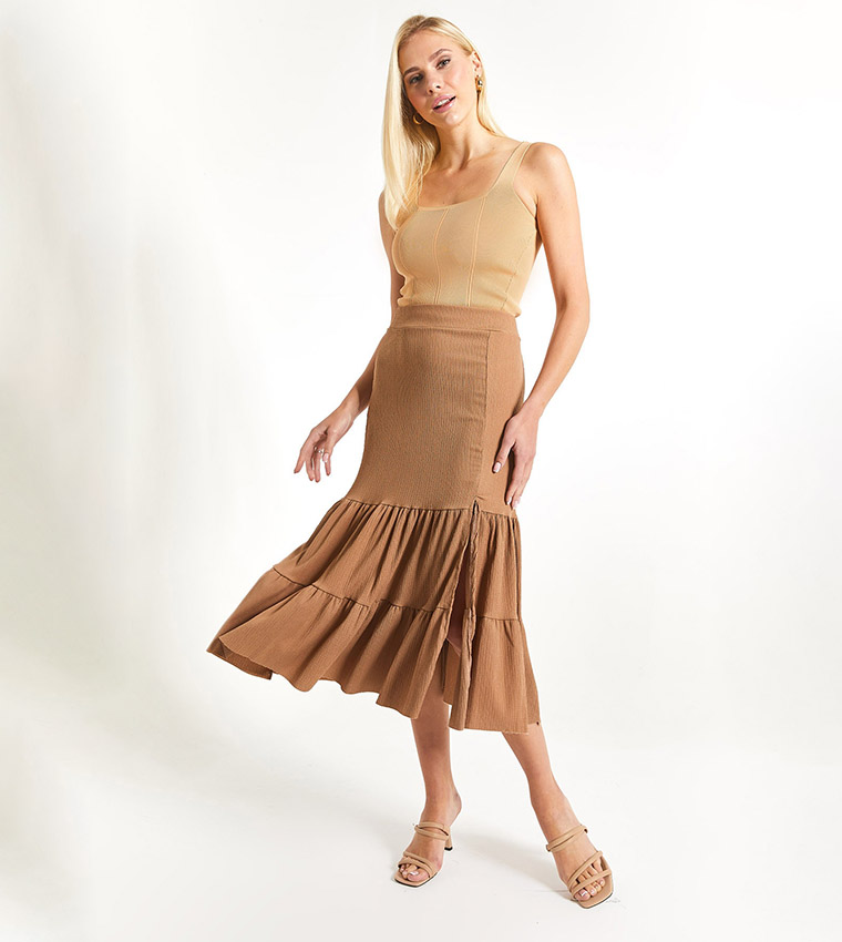 Buy Armonika Elastic Waist Ruffled Tiered Skirt In Brown 6thStreet Bahrain