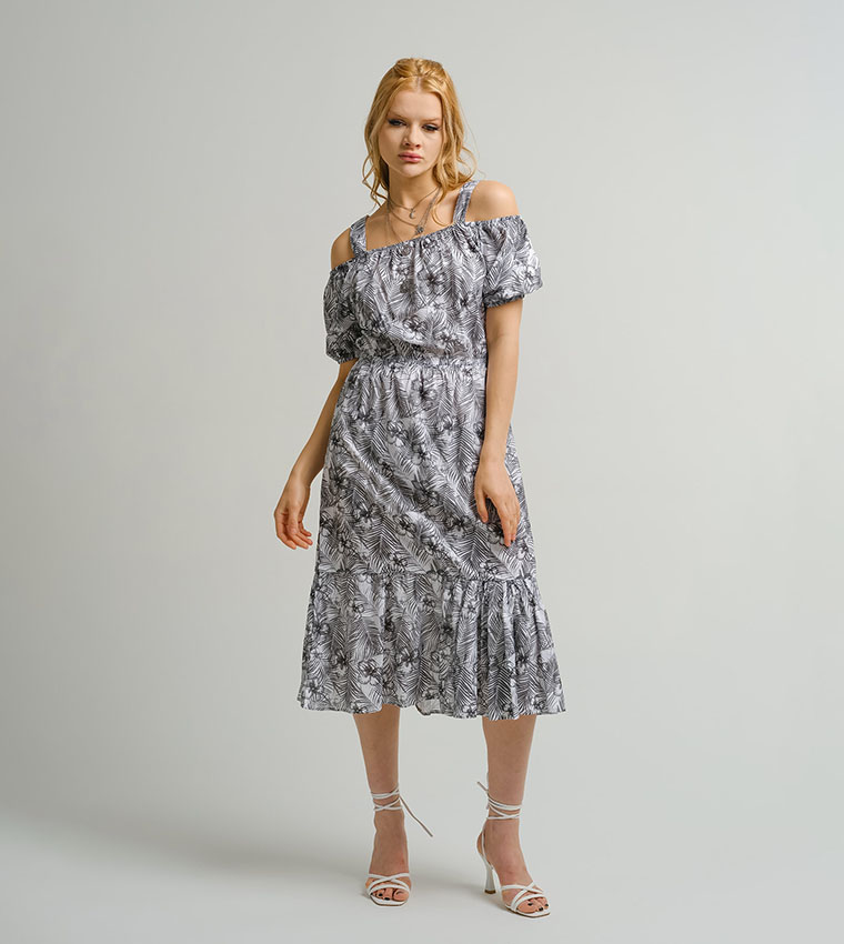 Buy Armonika Patterned Cold Shoulder Tiered Dress In Grey 6thStreet Kuwait