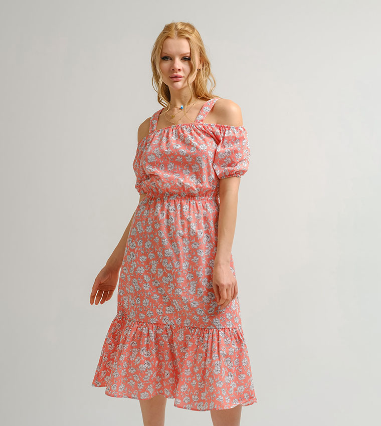 Buy Armonika Patterned Cold Shoulder Tiered Dress In Pink 6thStreet Kuwait