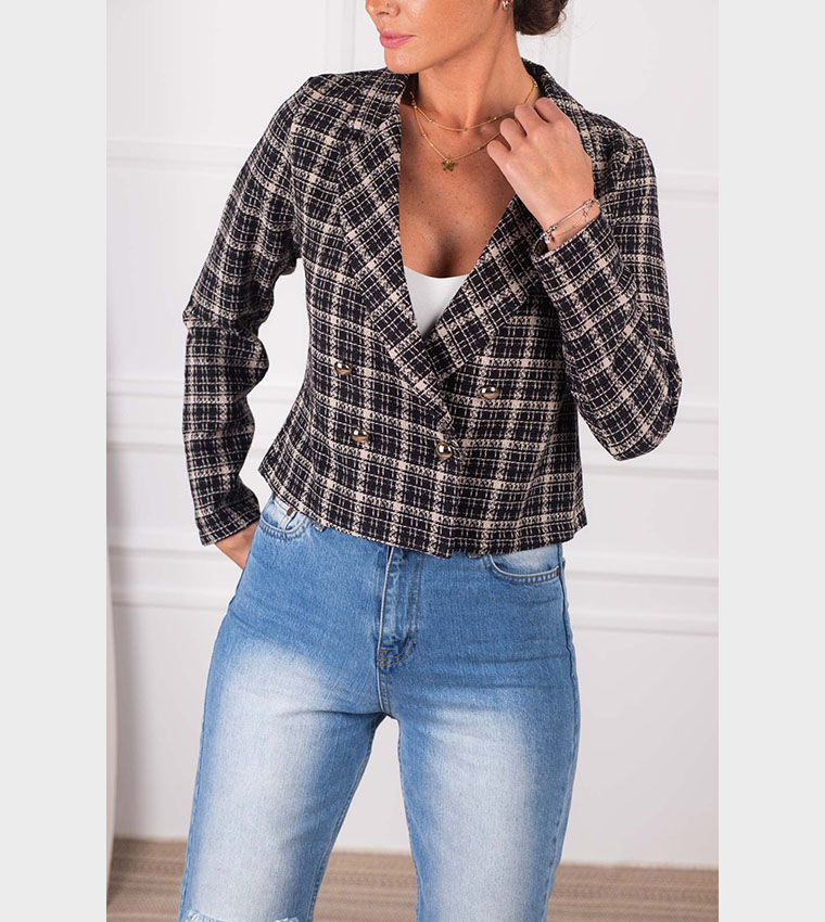 FLONIFY Gold Dotted Collar Sleeveless Tweed Jacket