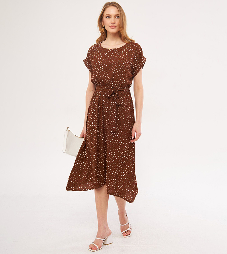 Buy Armonika Polka Dots Crew Neck Midi Dress In COFFEE 6thStreet Kuwait