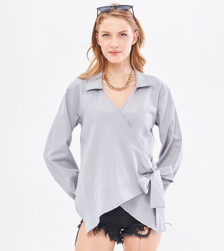Solid Collared Wrap Top