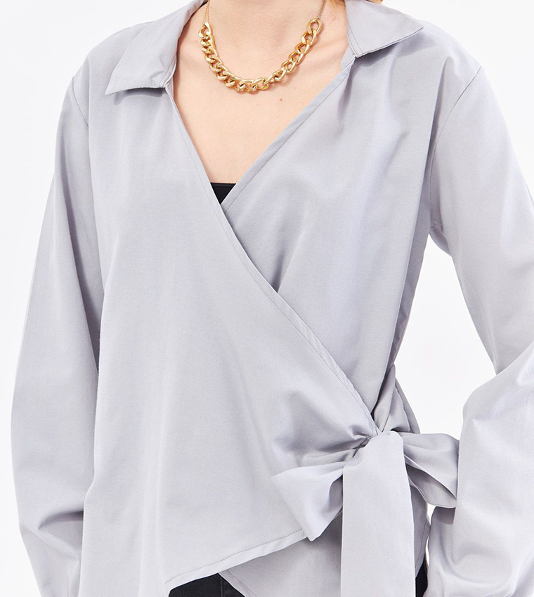 Solid Collared Wrap Top