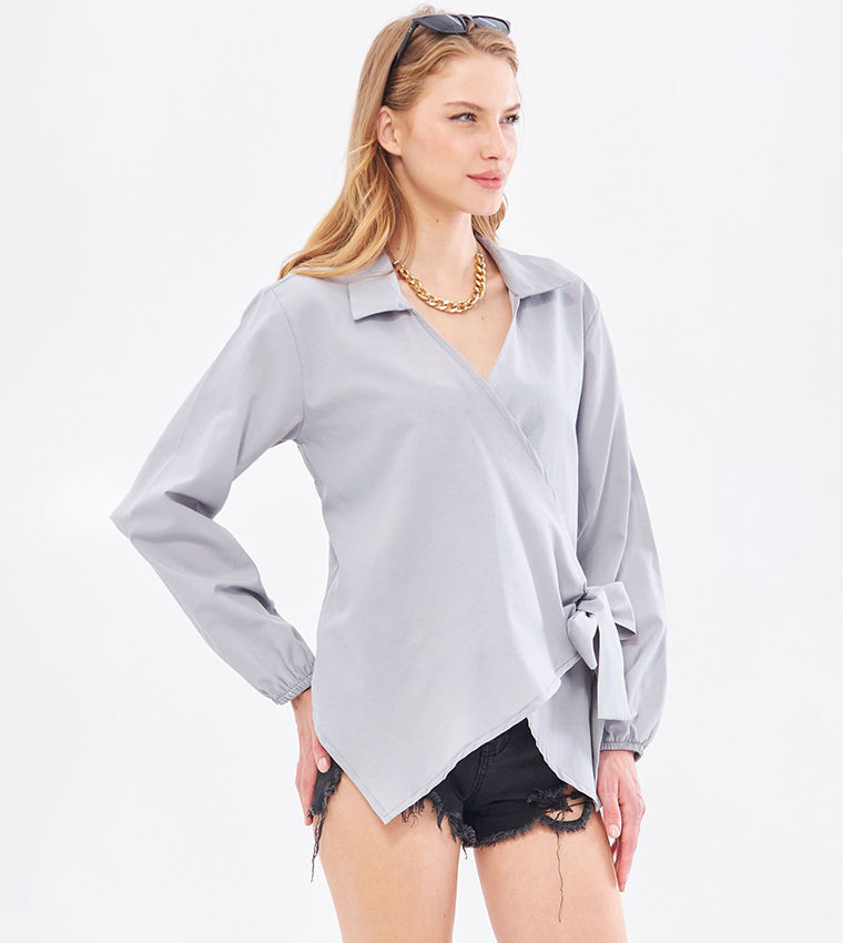 Solid Collared Wrap Top