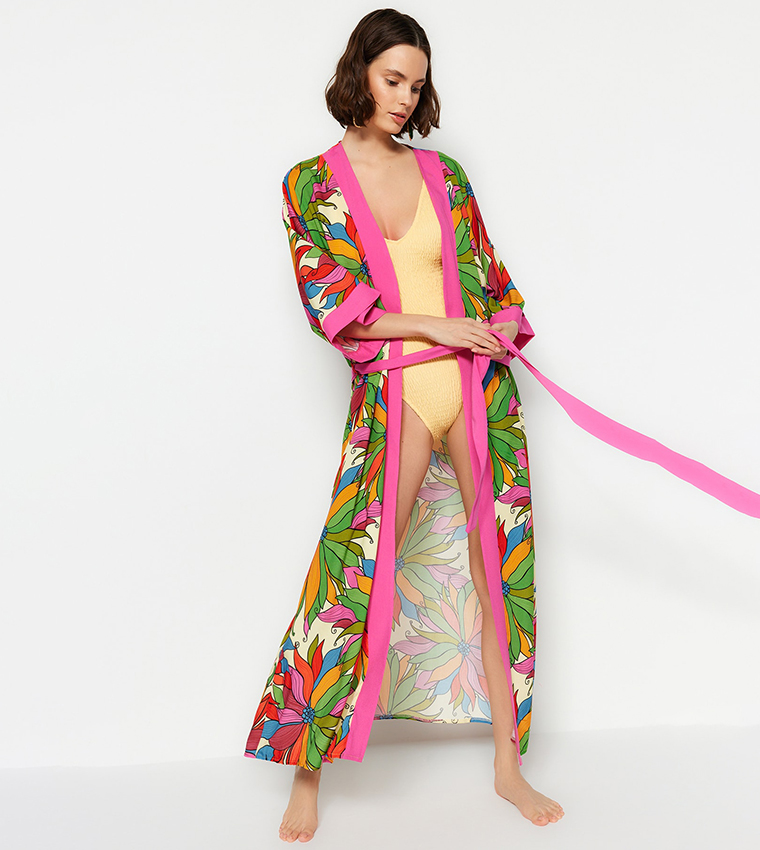 Buy Trendyol Floral Printed Tie Waist Long Sleeves Beach Kimono In