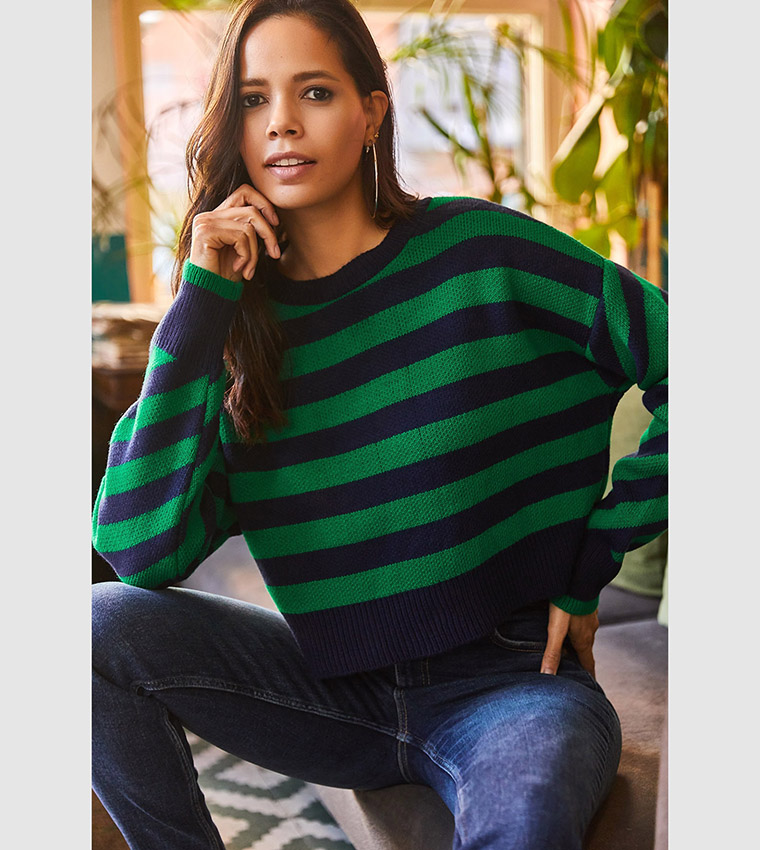 Green black striped sweater top