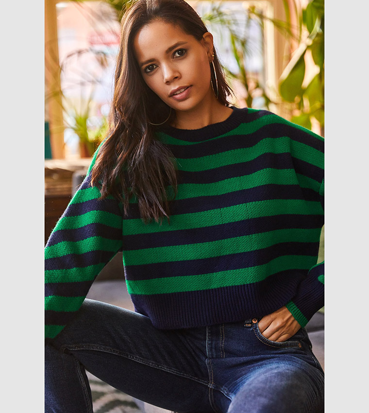Buy Olalook Striped Textured Crop Knitted Sweater In Green 6thStreet Saudi Arabia