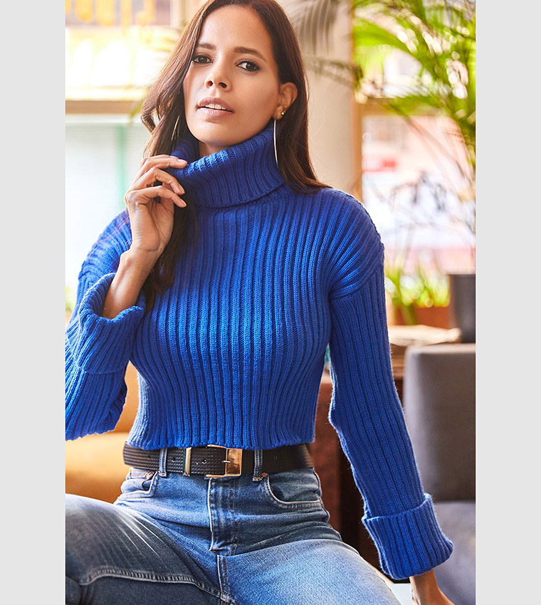 Buy Olalook Ribbed Turtleneck Long Sleeves Knitted Sweater In Blue