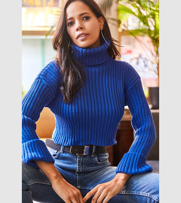 Buy Olalook Ribbed Turtleneck Long Sleeves Knitted Sweater In Blue
