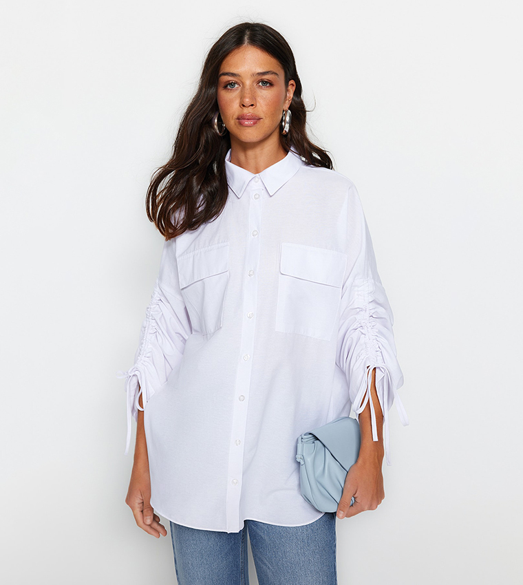 Buy Trendyol Ruched Sleeves Cotton Shirt In White 6thStreet Oman