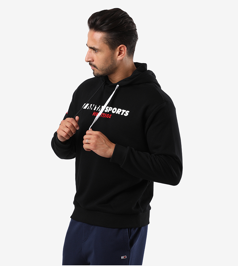 Printed Hooded Long Sleeves Sweatshirt - Black