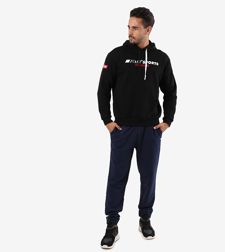 Printed Hooded Long Sleeves Sweatshirt - Black