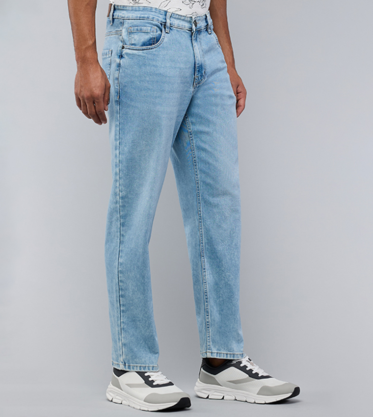 Faded Straight Fit Jeans with Button Closure