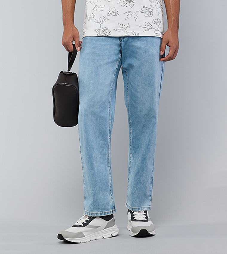 Faded Straight Fit Jeans with Button Closure