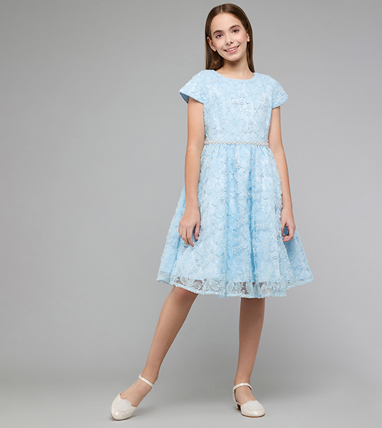 Self Patterned Fit & Flare Dress with Crew Neck and Short Sleeves