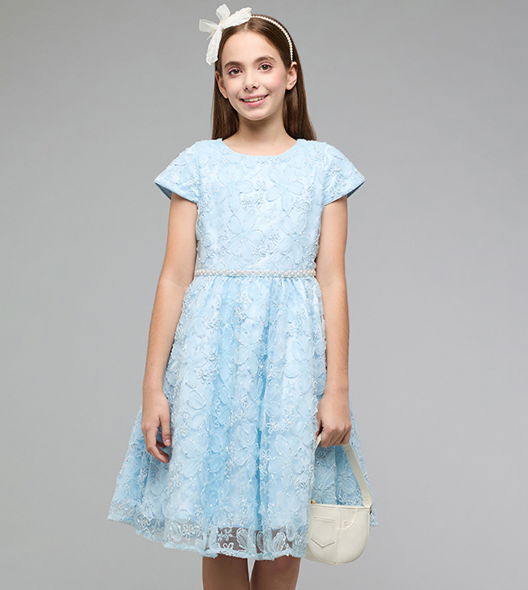 Self Patterned Fit & Flare Dress with Crew Neck and Short Sleeves