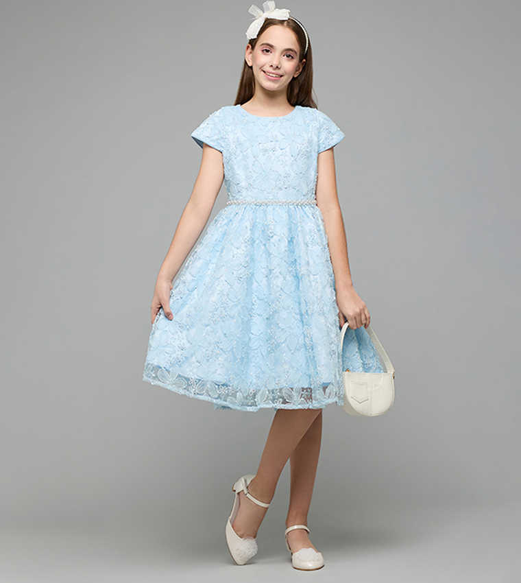 Self Patterned Fit & Flare Dress with Crew Neck and Short Sleeves