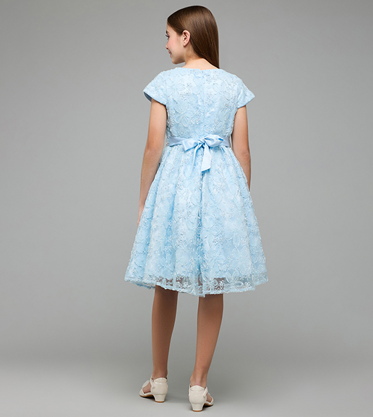 Self Patterned Fit & Flare Dress with Crew Neck and Short Sleeves