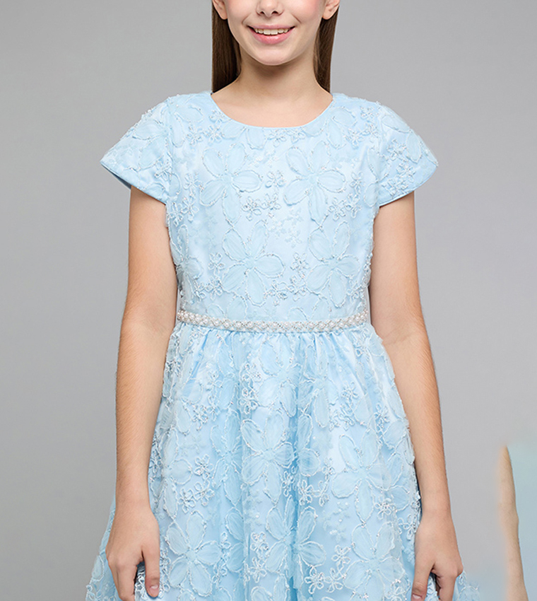 Self Patterned Fit & Flare Dress with Crew Neck and Short Sleeves