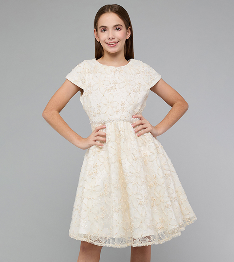 Self Patterned Fit & Flare Dress with Crew Neck and Short Sleeves