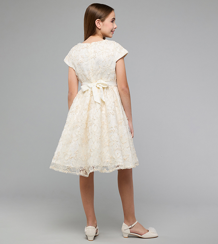 Self Patterned Fit & Flare Dress with Crew Neck and Short Sleeves