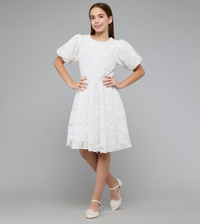 Lace Fit & Flare Dress with Crew Neck and Puff Sleeves