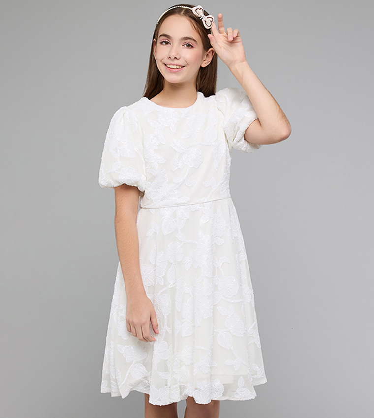 Lace Fit & Flare Dress with Crew Neck and Puff Sleeves