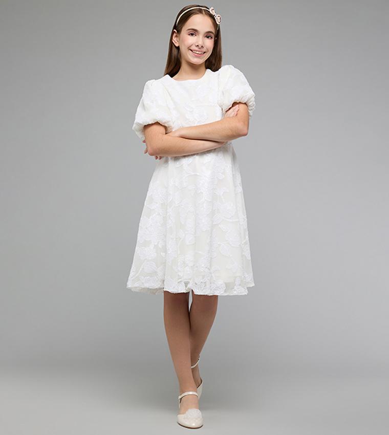 Lace Fit & Flare Dress with Crew Neck and Puff Sleeves