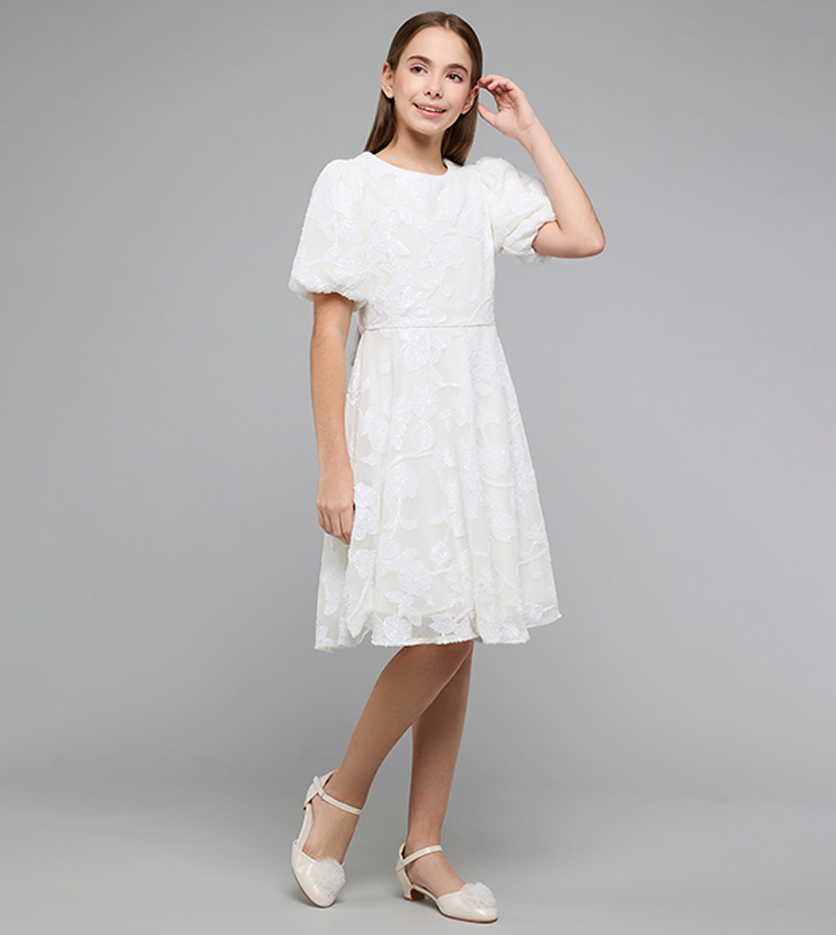 Lace Fit & Flare Dress with Crew Neck and Puff Sleeves