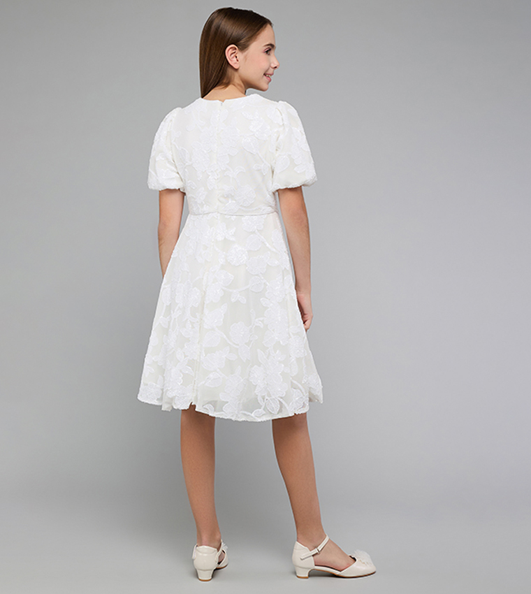 Lace Fit & Flare Dress with Crew Neck and Puff Sleeves