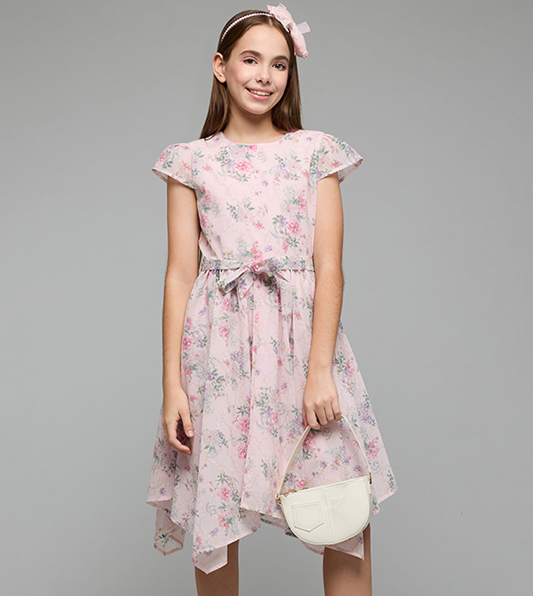 Floral Print Asymmetric Dress with Crew Neck and Cap Sleeves
