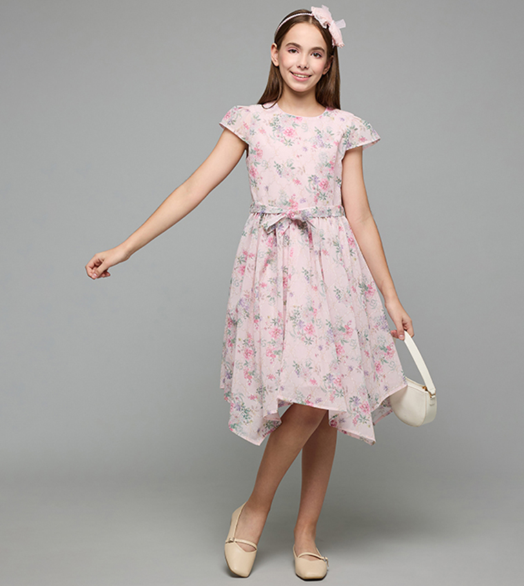 Floral Print Asymmetric Dress with Crew Neck and Cap Sleeves