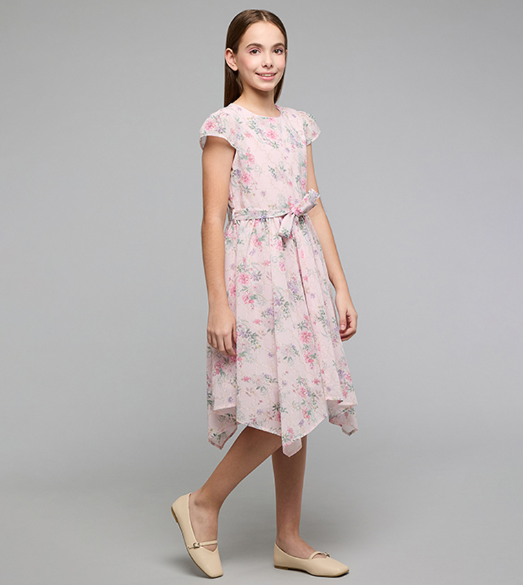 Floral Print Asymmetric Dress with Crew Neck and Cap Sleeves